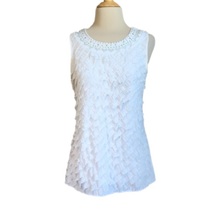 ASHLEY J Women's Small White Ruffled Sleeveless Top with Silver Adorned Neckline